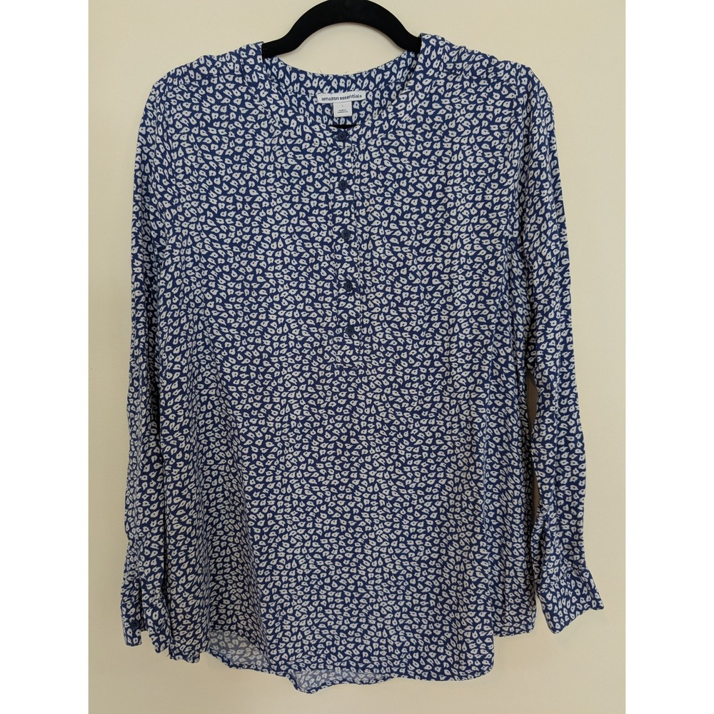 Amazon Essentials Blue White Print Long Sleeve Henley Viscose Blouse Womens L